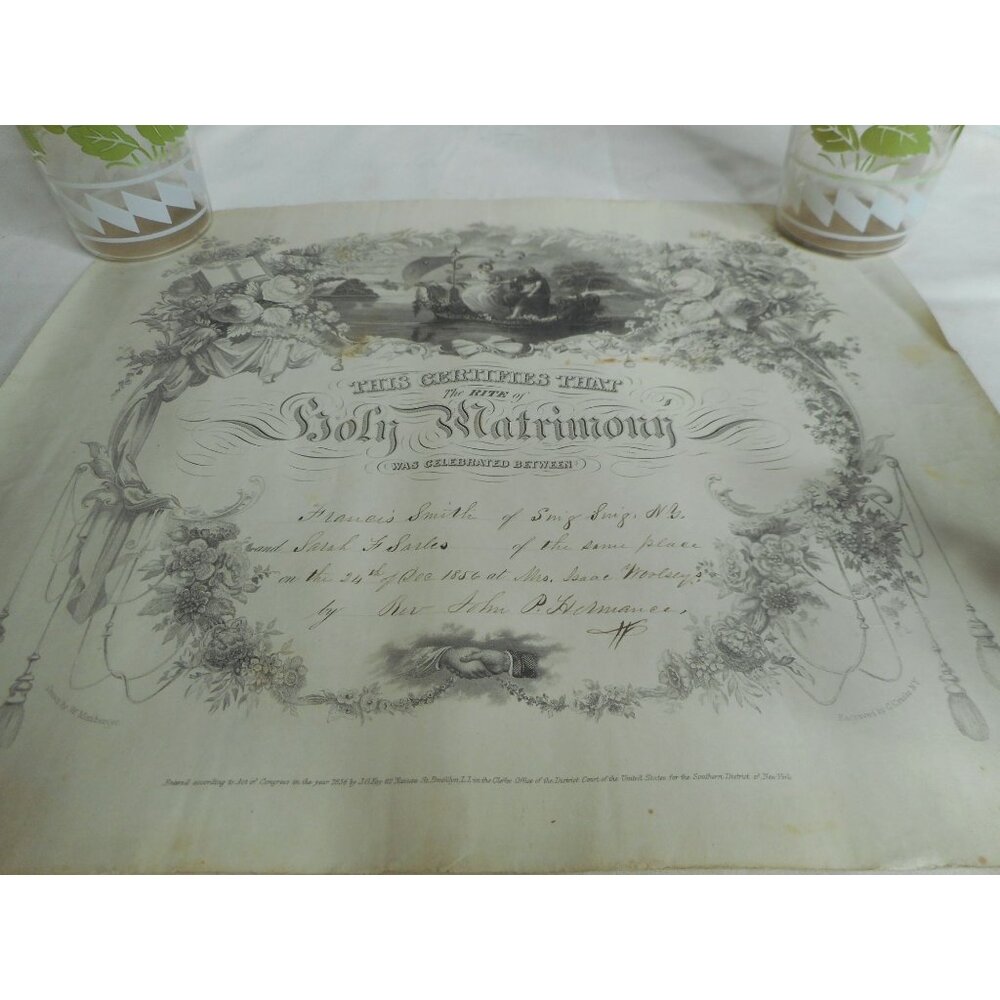 Antique Dec 24, 1856 Marriage Certificate Sing Sing NY Smith Sarles Unframed